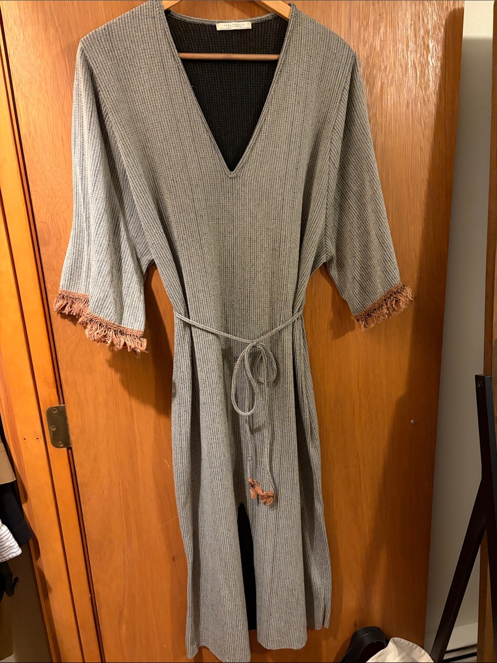 Zara Gray Maxi Knit Dress with Rust Fringe Trim, Size Small